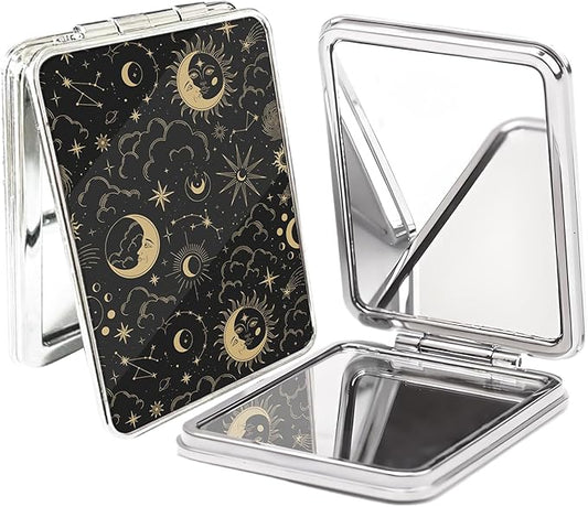 Compact Pocket Mirror, Cute Travel Mini Mirror with Magnification, Foldable Double-Sided Portable Cosmetic Mirror for Men, Women Sun and Moon