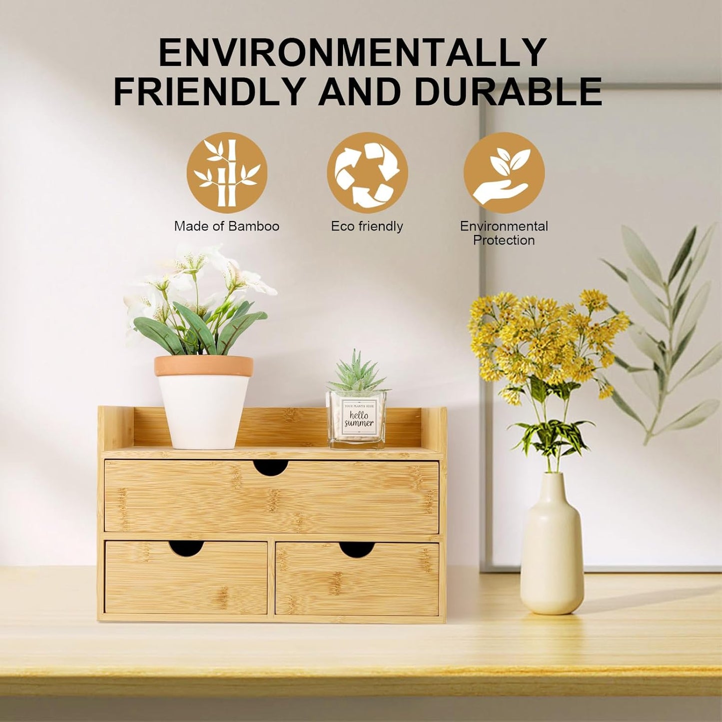 Bamboo Desk Organizer 3 Drawer with Shelf, Countertop Organizer with Drawers Makeup Storage Drawer 3 Drawers Tabletop Storage Organization Box Home Office Workspace