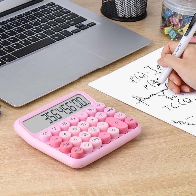Mechanical Switch 12-Digit Pink Calculator - Large LCD Display, Big Buttons, Desktop, Cute, For Everyday Use