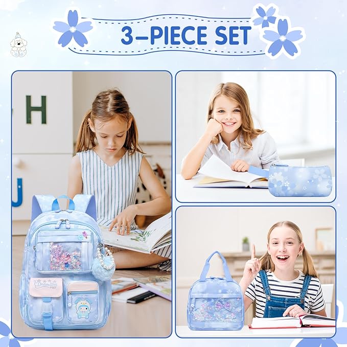Lovely Girls Backpack School Bag for Students Kids Book Bag with Multiple Pockets Splash-proof Children's Backpack（17inch Set Blue）