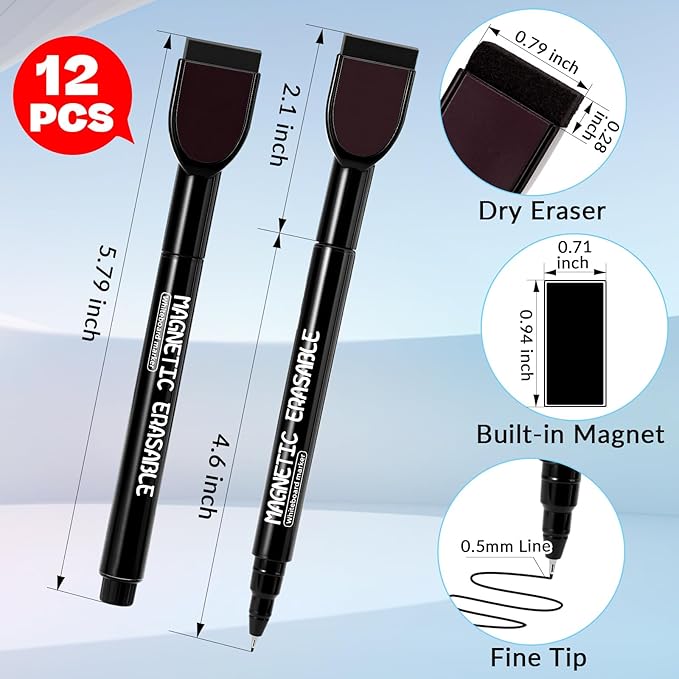 12 Pack Black Magnetic Dry Erase Markers, 0.5mm Fine Tip with Built-in Eraser, Smooth Ink Flow, Suitable for Teachers Designers Offices Home