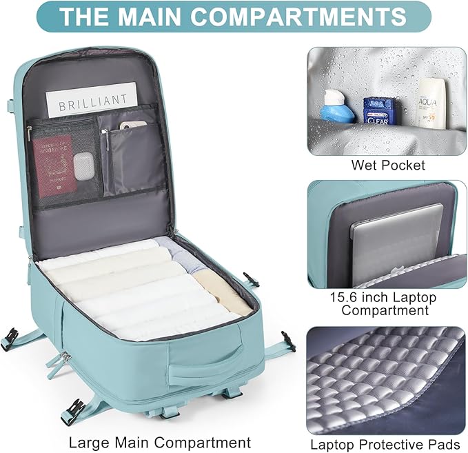 Large Travel Backpack Carry on Flight Approved Mochila De Viaje Carry on Backpack for Airplanes Spirit Airlines Personal Item Bag 18x14x8 Inches Travel Bag Traveling Backpack for Women Men Light Blue