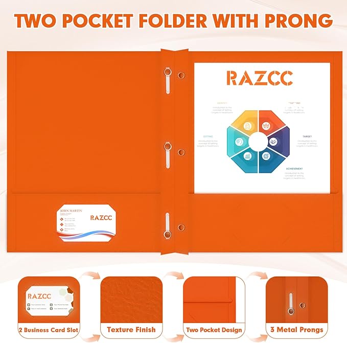 Two Pocket Folders, RAZCC 50 Pack Two Pocket Folders with Prongs, 3 Prong Folders Fit Letter Size Paper, Pocket File Folders for School Office Home Business, Orange