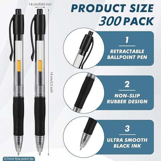 Jetec 300 Pcs Premium Gel Roller Pens Bulk, Fine Point 0.7 mm, Retractable Gel Ink Roller Ball Pens for Writing Journaling Taking Notes Office (Black)