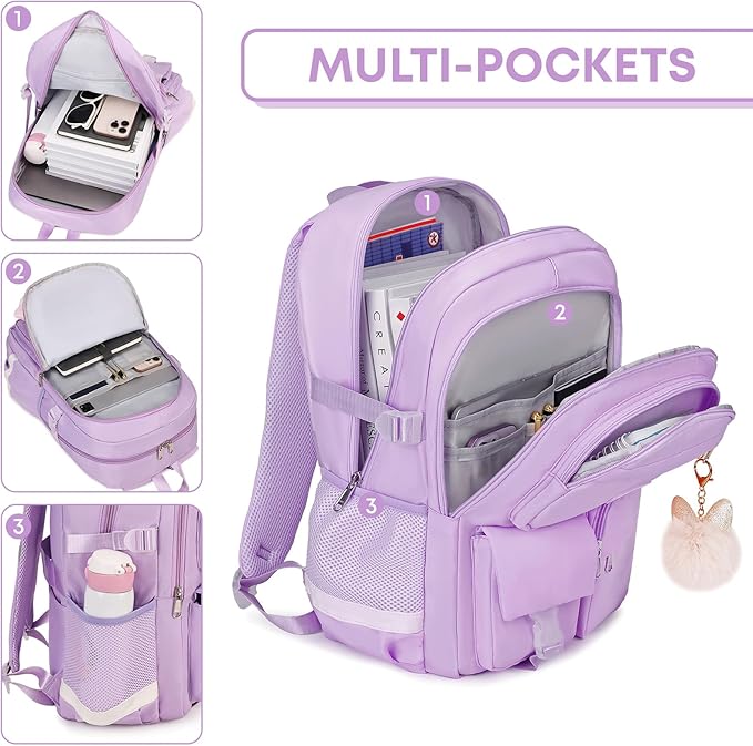 3PCS School Backpack For Student Women College Middle High Teen Girls Bookbag Waterproof Laptop Bag Purple