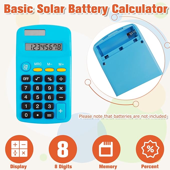 18 Pack Pocket Size Mini Calculator, Solar Battery Dual Power, 8 Digit Display Basic Calculator, Multicolor