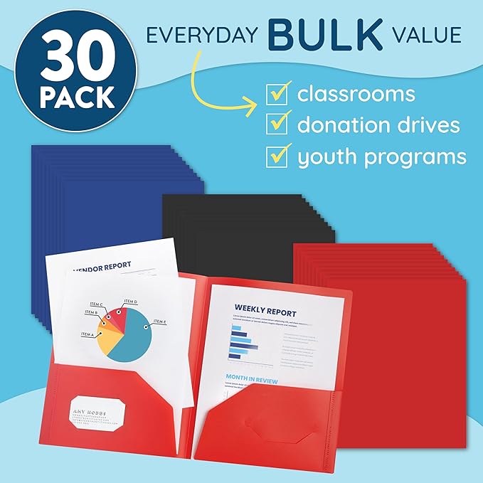 Blue Summit Supplies 30 Pack Two Pocket Plastic Folders Bulk, 2 Pocket Plastic Poly Folders, Bold Assorted Dark Colors, Black, Blue, and Red Color, Durable, Letter Size with Business Card Slot