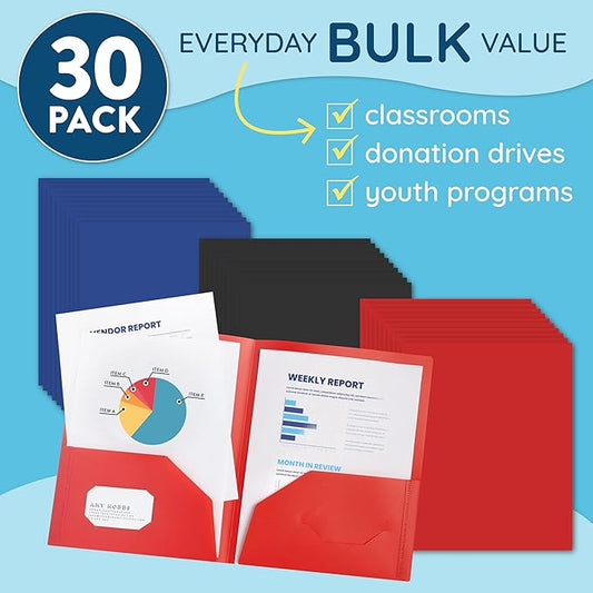 Blue Summit Supplies 30 Pack Two Pocket Plastic Folders Bulk, 2 Pocket Plastic Poly Folders, Bold Assorted Dark Colors, Black, Blue, and Red Color, Durable, Letter Size with Business Card Slot
