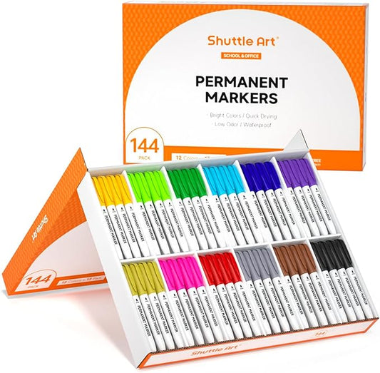 Shuttle Art 144 Pack Permanent Markers, Permanent Marker Assorted Colors, 12 Bright Colors Fine Point Permanent Markers For Kids and Adult Coloring on Wood, Stone, Glass as Office, School Supplies