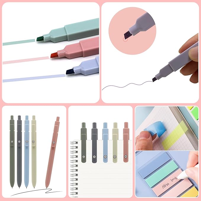 20Pcs Aesthetic Stationary Set with Big Capacity Pen Case Bag 5 Quick Dry Retractable Black Ink Pens12 Colors Chisel Tip Cute Highlighters 200 Sheets Sticky Index Tabs Aesthetic School Supplies
