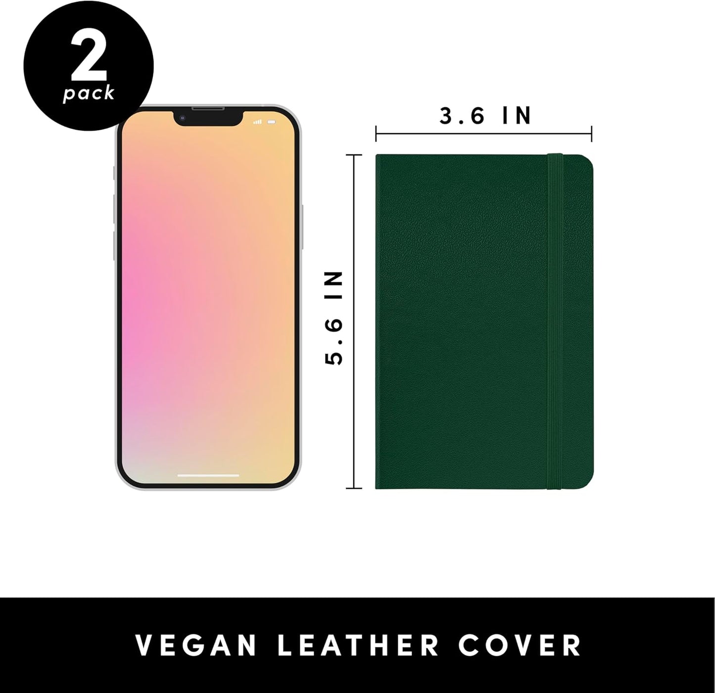 PAPERAGE Lined Pocket Journal Notebook, 2 Pack, (Dark Green), 160 Pages, Small Notebook, 3.6 inches x 5.6 inches - 100 GSM Thick Paper, Hardcover