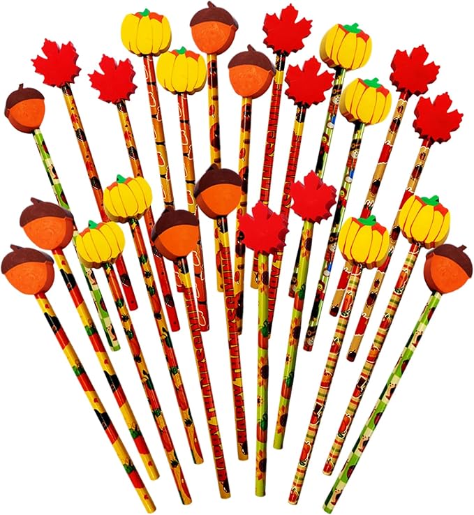 Fall Pencils Thanksgiving Pencil Halloween Pencils with Giant Maple Leaves Pumpkins Scarecrow Eraser Fall Stationery Pencil for Thanksgiving Party Favor(24)