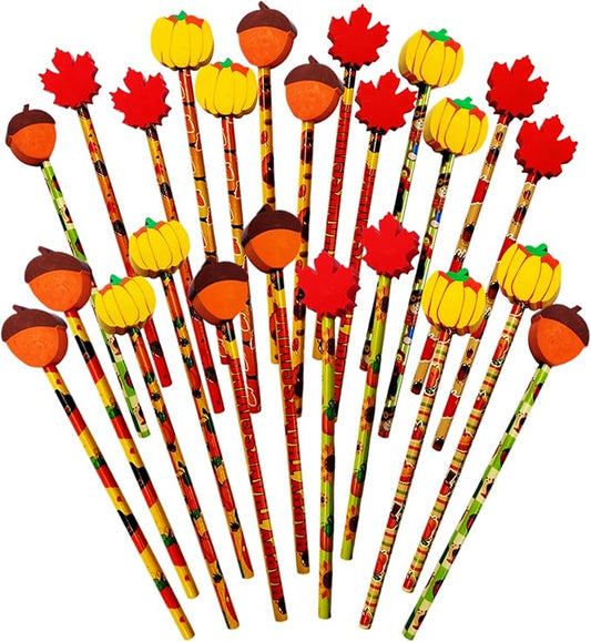 Fall Pencils Thanksgiving Pencil Halloween Pencils with Giant Maple Leaves Pumpkins Scarecrow Eraser Fall Stationery Pencil for Thanksgiving Party Favor(24)