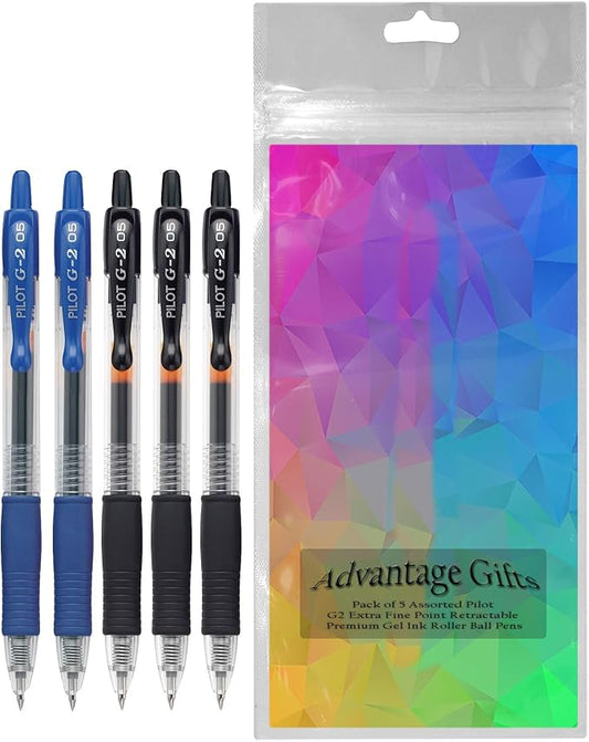 G2 Retractable Premium Gel Ink Roller Ball Pens Extra Fine Point (.5mm) Black/Blue Ink 5 pack; Refillable & Premium Comfort Grip Bundle with Plastic Reusable Pouch