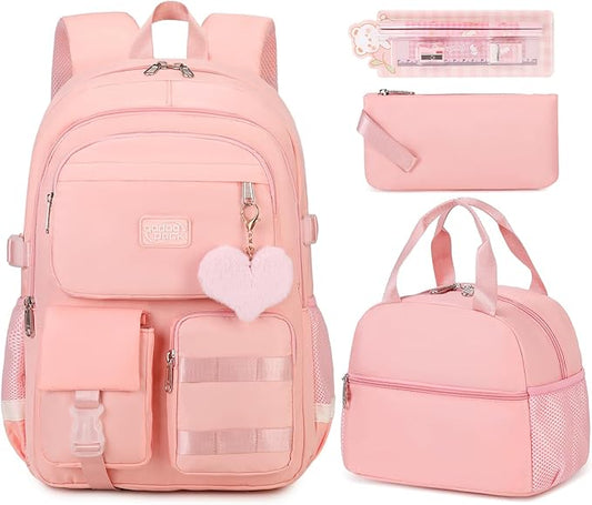 3PCS Student Backpack For School Women College Middle High Teen Girls Bookbag Waterproof Laptop Bag Pink