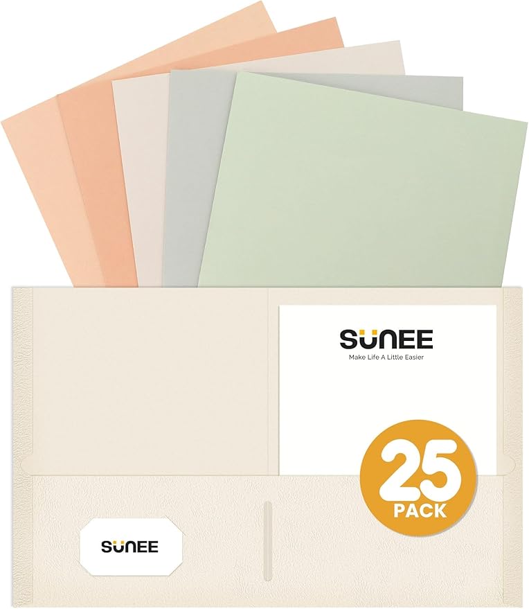 SUNEE Folders with Pockets (25 Pack, Pastel Colors), 2 Pocket Folders Fit Letter Size Paper, Paper File Folder for School Office Home Business