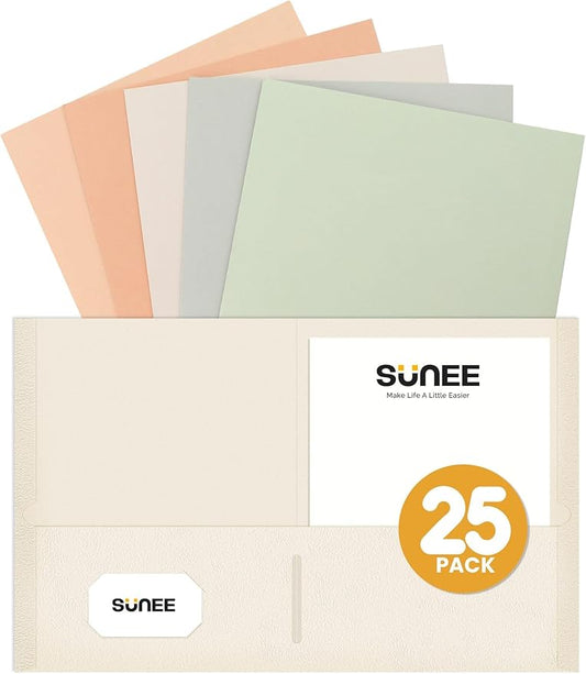 SUNEE Folders with Pockets (25 Pack, Pastel Colors), 2 Pocket Folders Fit Letter Size Paper, Paper File Folder for School Office Home Business