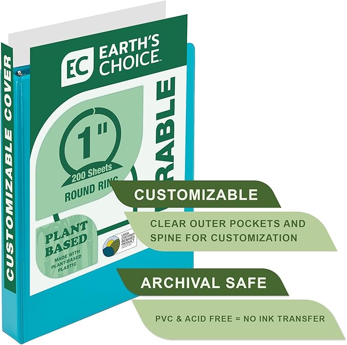 Samsill Plant-Based 1 Inch Durable Round Ring, Made in USA, View Binder, Eco-Friendly, USDA Certified Biobased, 2 Pack, Turquoise