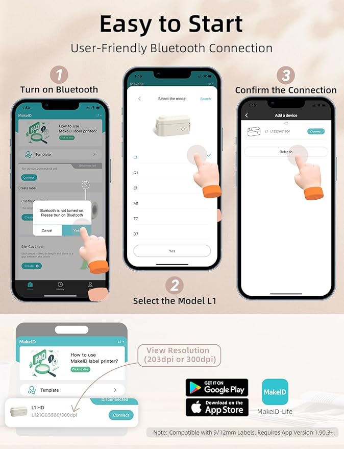 Makeid Label Maker Machine with Tape - Compatible with 9/12/16mm Waterproof Tape, Portable & Rechargeable Label Makers with Built-in Cutter Wireless Label Printer Compatible with Android & iOS Devices