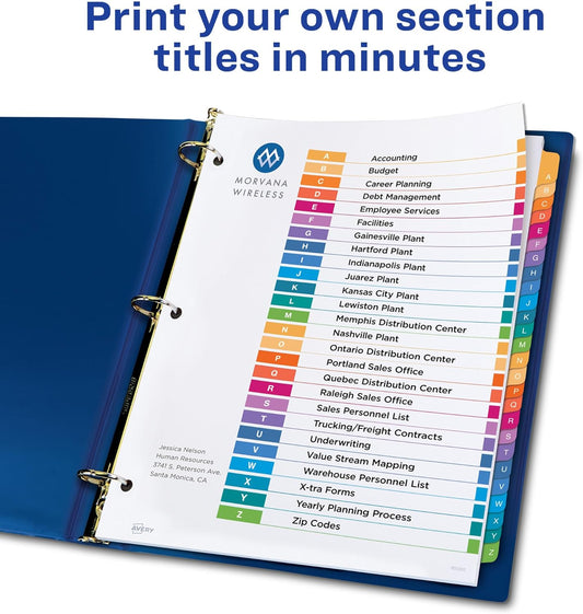 Avery A-Z Tab Dividers for 3 Ring Binder, Customizable Table of Contents, Multicolor, 1 Set (11125)