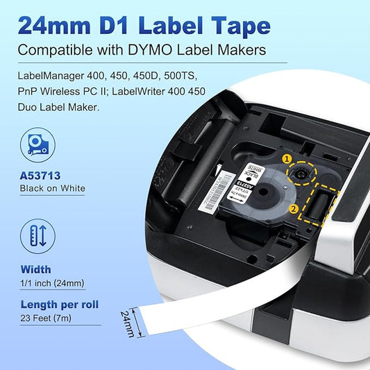 6X Replace for Dymo 1 Inch D1 Label Tape 53713 24mm Black on White Cassette S0720930 for DYMO LabelManager 450D 640 500TS PnP 400 450 Duo Label Maker, 1'' W x 23' L