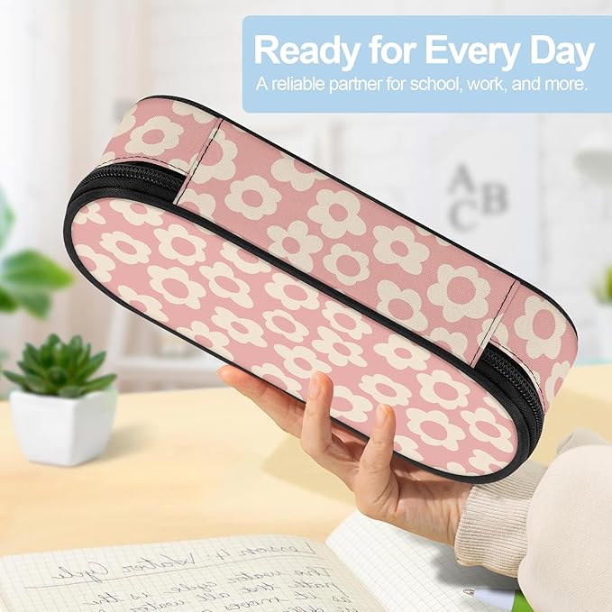 Pink Groovy Flowers Large Pencil Pouch Big Capacity Cute Pencil Case for Girls Boys Teen Women Men Adult, Portable Kids Pencil Bag with Zipper, Stationery Storage Pen Bag for School Office Organizer