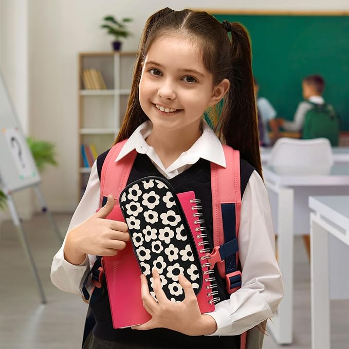 Black with Beige Flower Large Pencil Pouch Big Capacity Cute Pencil Case for Girls Boys Teen Women Men Adult,Portable Kids Pencil Bag with Zipper,Stationery Storage Pen Bag for School Office Organizer