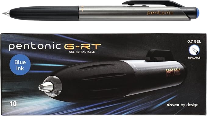 Pentonic GR-T Retractable Gel Pens, 10 Count, Blue Ink, 0.7 mm Fine Point, Smooth Writing For Journaling, Note Taking, Office & School (1002361)