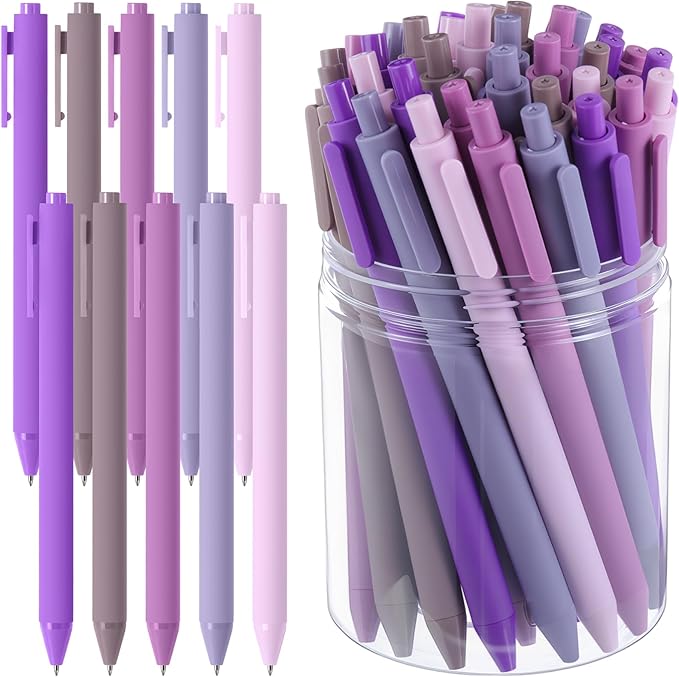 Crtiin 50 Pcs Gel Ink Pens Bulk Black Ink, Smooth Writing Cute Colorful Pens for Back to School First Day of School Teacher Student Server Office Supplies Staff Party Favor Gifts (Purple Series)