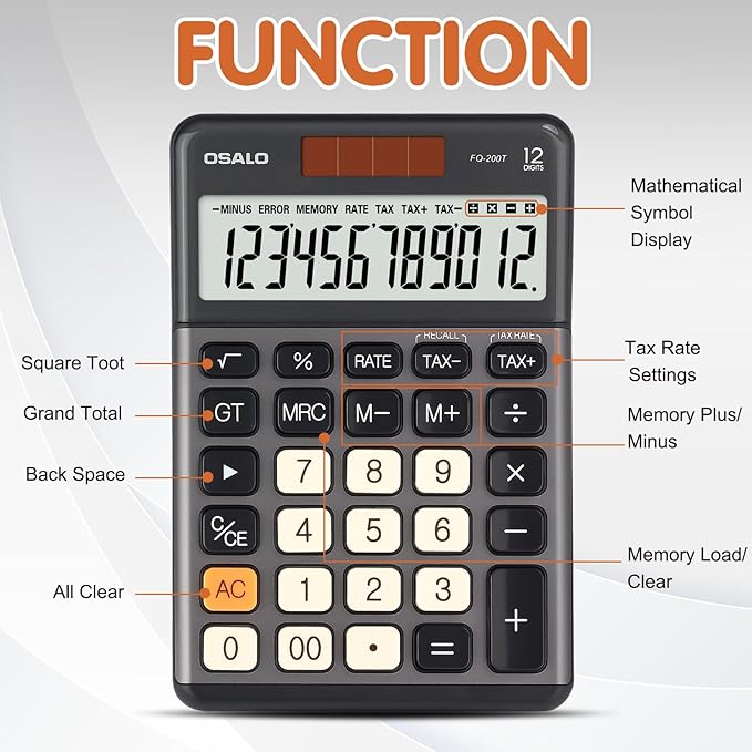 Pendancy Office Small Calculator Desktop with Tax+/- for Tax Calculation, 12 Digit Large LCD Display, Solar Battery Power, Durable Portable Design, Financial Accounting Business Home Use(OS-200T-Gray)