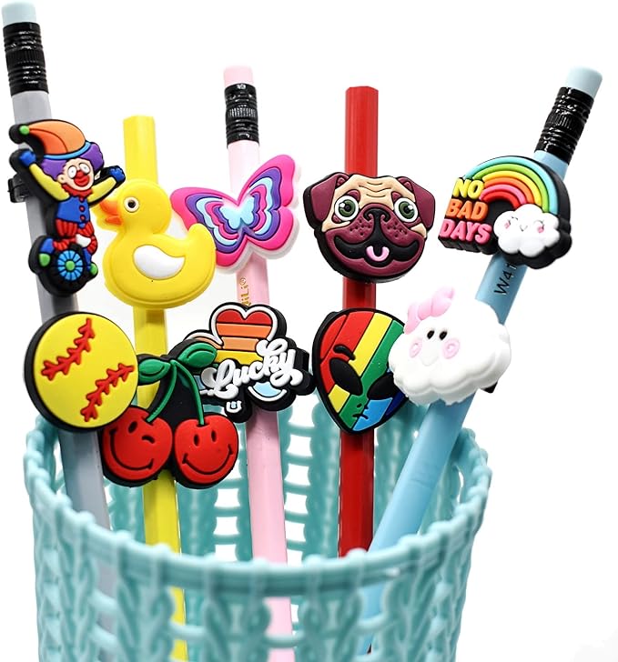 YEALQU 60PCS Random Different Pencil Topper Decoations Cute PVC Pencil Toppes Lovely Black Clip for Pupil/Junior Students Gifts Awards