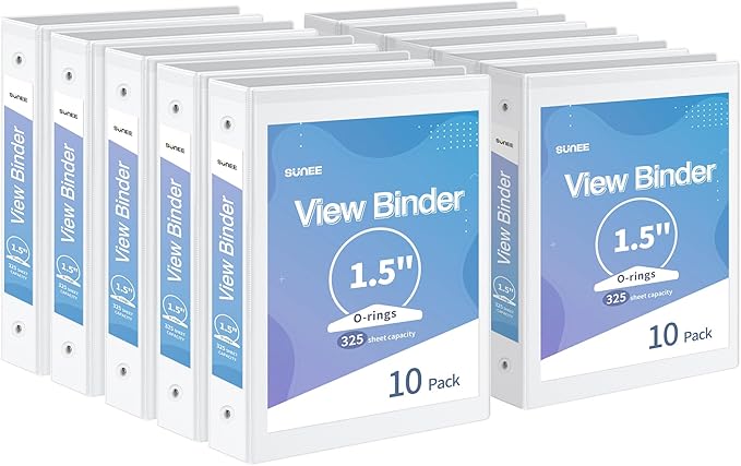 SUNEE 3 Ring Binder 1.5 Inch 10 Pack, Clear View Binder Three Ring PVC-Free (Fit 8.5x11 Inches) for School or Office Supplies, White