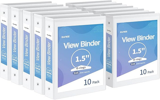SUNEE 3 Ring Binder 1.5 Inch 10 Pack, Clear View Binder Three Ring PVC-Free (Fit 8.5x11 Inches) for School or Office Supplies, White