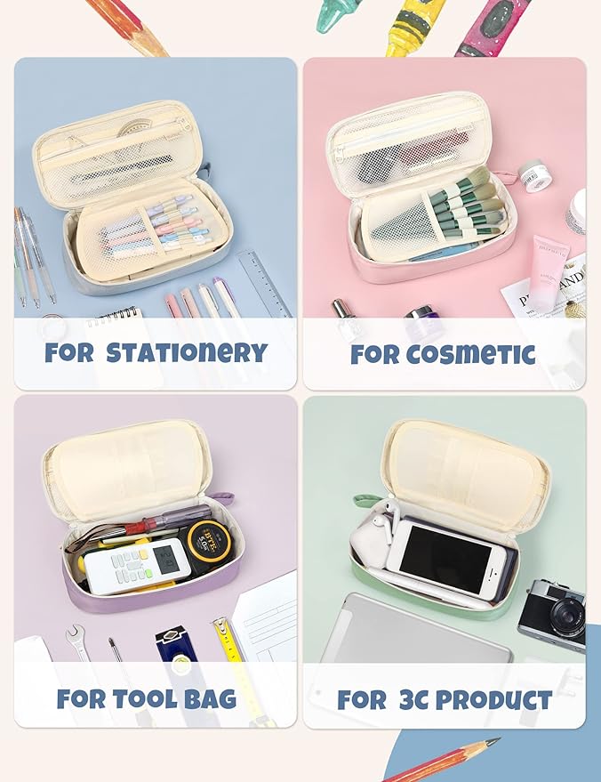 SUNEE Large Pencil Case, Cute Pen Pouch, Aesthetic Zipper Stationery Bag Large Capacity Kawaii Pen Organizer, Blue, Bag Organiser