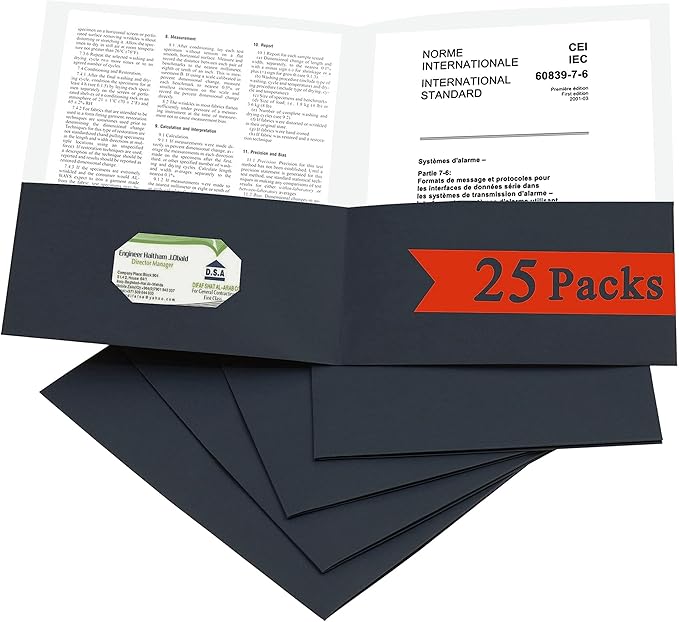 Zzrywuty 25 Packs 2 Pocket File Folders with Business Card Slot,Textured Paper,Letter Size,Holds 100 Sheets for School,Office,Business,Black