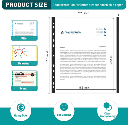 Sheet Protectors, PANDRI 200 Pack Color Heavy Duty Plastic Page Protectors Sheet Reinforced 11-Hole Fit for 3 Ring Binder Fits Standard 8.5 x 11 Paper, 9.25 x 11.25 Top Loaded, Excluding Acid