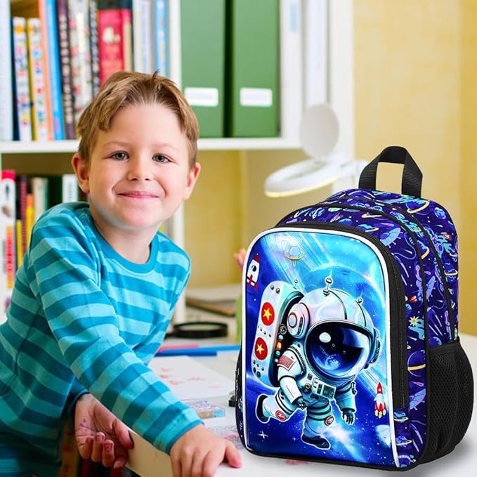 KLFVB Boys Toddler Astronaut Backpack, Water Resistant Kindergarten Bookbag, 13" Preschool Backpacks for Toddler - Astronaut Blue