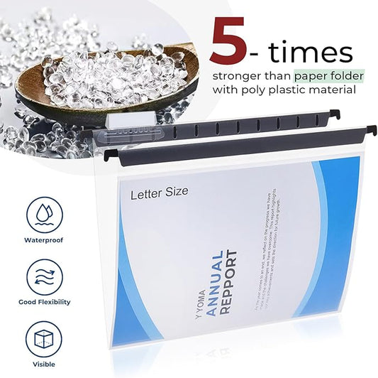 Y YOMA Plastic Hanging File Folders, Letter Size, 1” Expansion, 12 Pack Clear Reinforced Hanging Folders with Tabs Transparent Waterproof for Filing Cabinet Bulky Files Home Office