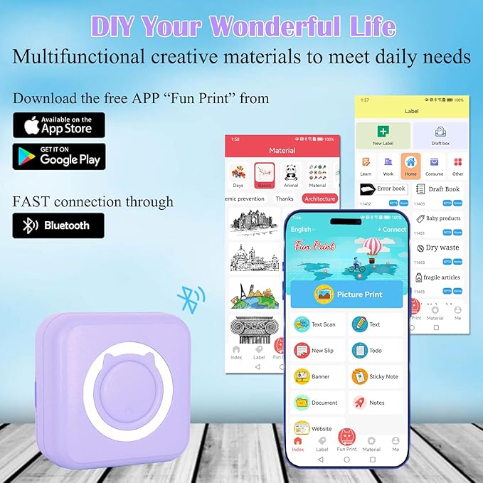 Mini Thermal Inkless Sticker Printer with 14 Rolls Paper, Compatible with iPhone/Android Phone/Tablet, Mini Pocket Printer for Photos/Stickers/Labels/Notes, Purple