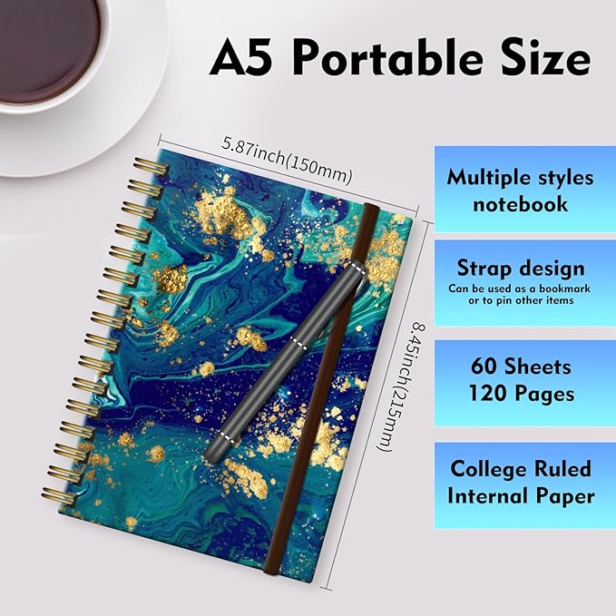 Spiral Journal Notebook, A5 Cute Notebooks for Women Men, College Ruled Hardcover Notebook for Work & Note Taking, 60 Pages Double-Wire Journals for Writing, Ocean Marble