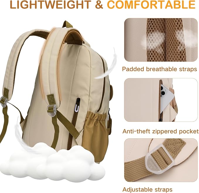 VASCHY Backpack for Girls, Cute School Bag Bookbag for Elementary Middle Schooler Teen Girls/Kids Travel with Clear Pin Pouch Khaki