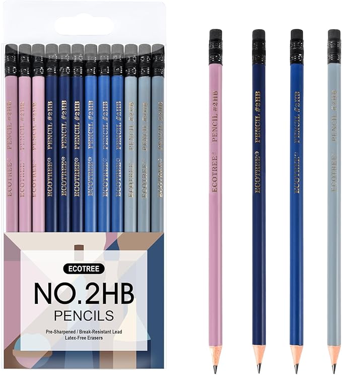 ECOTREE Pencils #2 Pre-Sharpened Pencils for Kids Number 2 Pencil with Erasers for School, Writing, 12 Count
