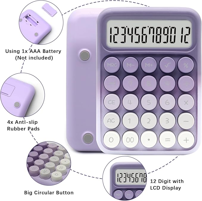 Standard Calculator - Gradient Purple with 12 Digit Display and Big Buttons, Cute Office and School Accessory
