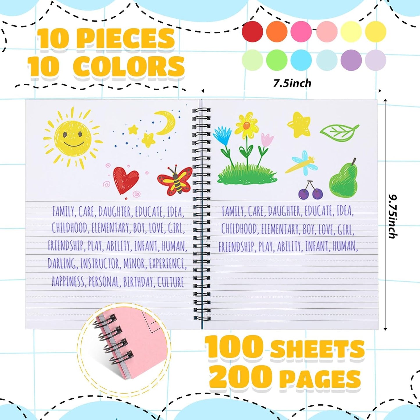Henoyso 10 Pcs 100/50 Sheets Primary Composition Notebook K-2 Bulk Spiral Primary Journal Drawing Handwriting Practice for Kids Kindergarten 1st 2nd Back to School Supplies (Stylish Color,100 Sheets)