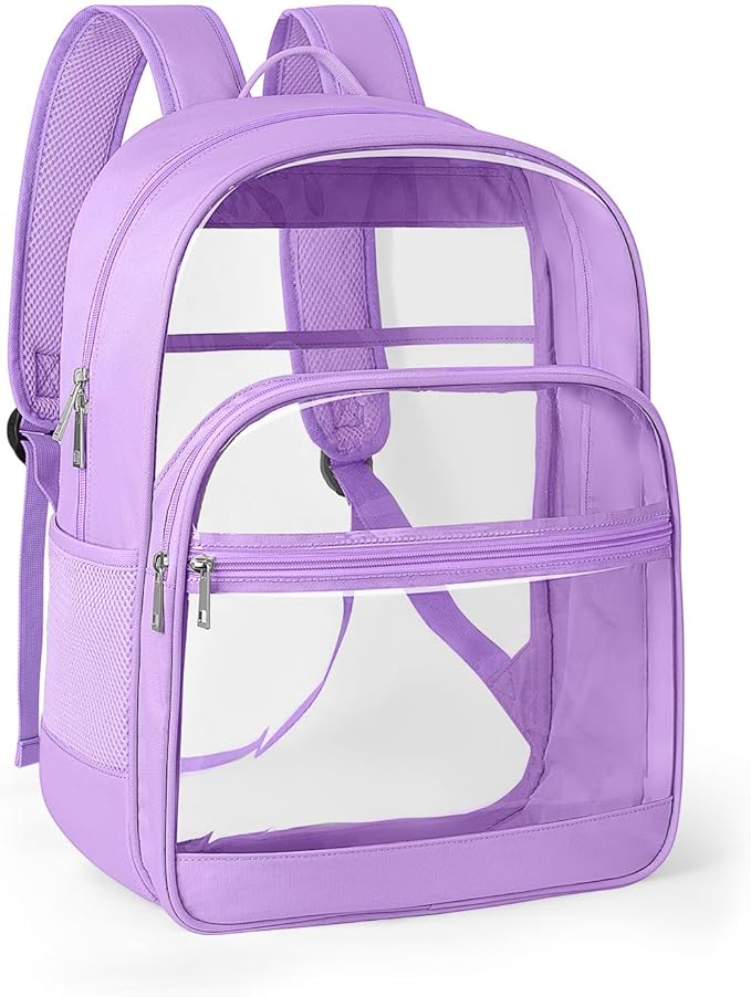 Clear Backpack, Heavy Duty Transparent Bookbag for School, Fabric & PVC Transparent Backpack with Reinforced Strap for Women Men, Capacity Clear Bag for College, Travel, Purple