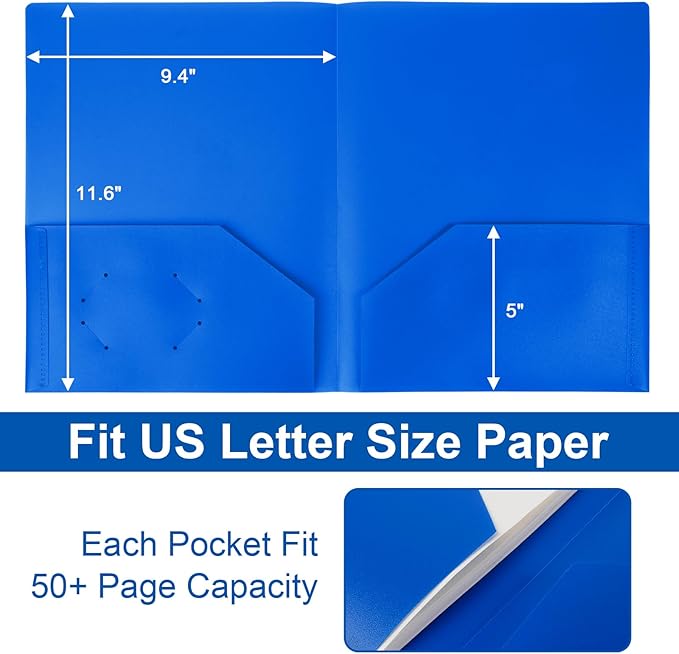 12-Pack Plastic Folders with Pockets,2-Pocket Poly Folders Holds 8-1/2" x 11" Paper for School/Office/Home, Blue