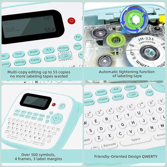 Label Maker Machine with Tape,D210S Portable Handheld Label Maker,QWERTY Keyboard Label Machine,with AC Adapter and 12mm 231 Tape, Easy to Use for Home Office School Label Organization,Green