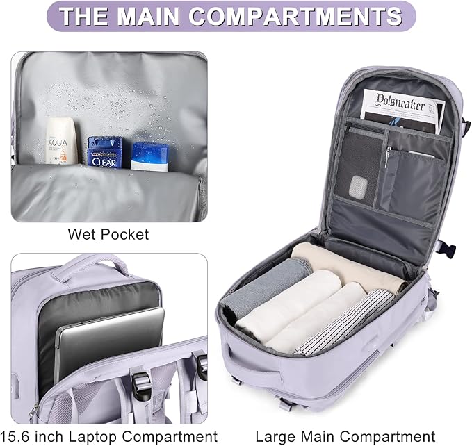 Large Carry On Backpack Flight Approved Personal Item Travel Backpack For Women Airline Approved Waterproof Sports Luggage Backpack Casual Daypack Small Hiking Backpack Purple Backpack