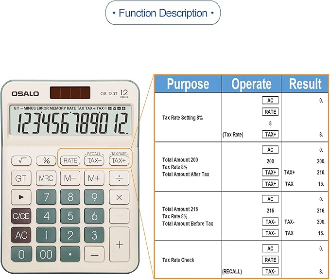 Desktop Calculator Large LCD Display 12 Digit Number Big Button Tax Financial Accounting Calculator, Battery and Solar Powered, for Desk Office Home Business Use(OS-130T Green)