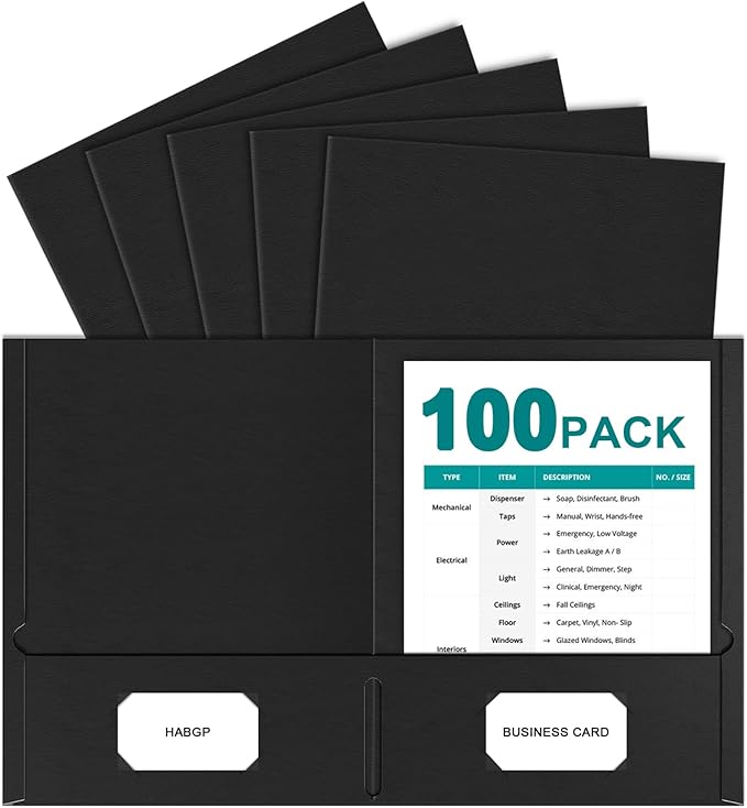 HABGP Two Pocket Folders, 100 Pack 2 Pocket Folders Fit Letter Size Paper, Black Paper File Folders with Pockets for School Office Home Business